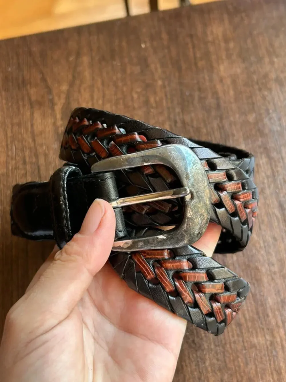 Vintage Brighton - Women's Black & Brown Woven Leather Belt - Size 40